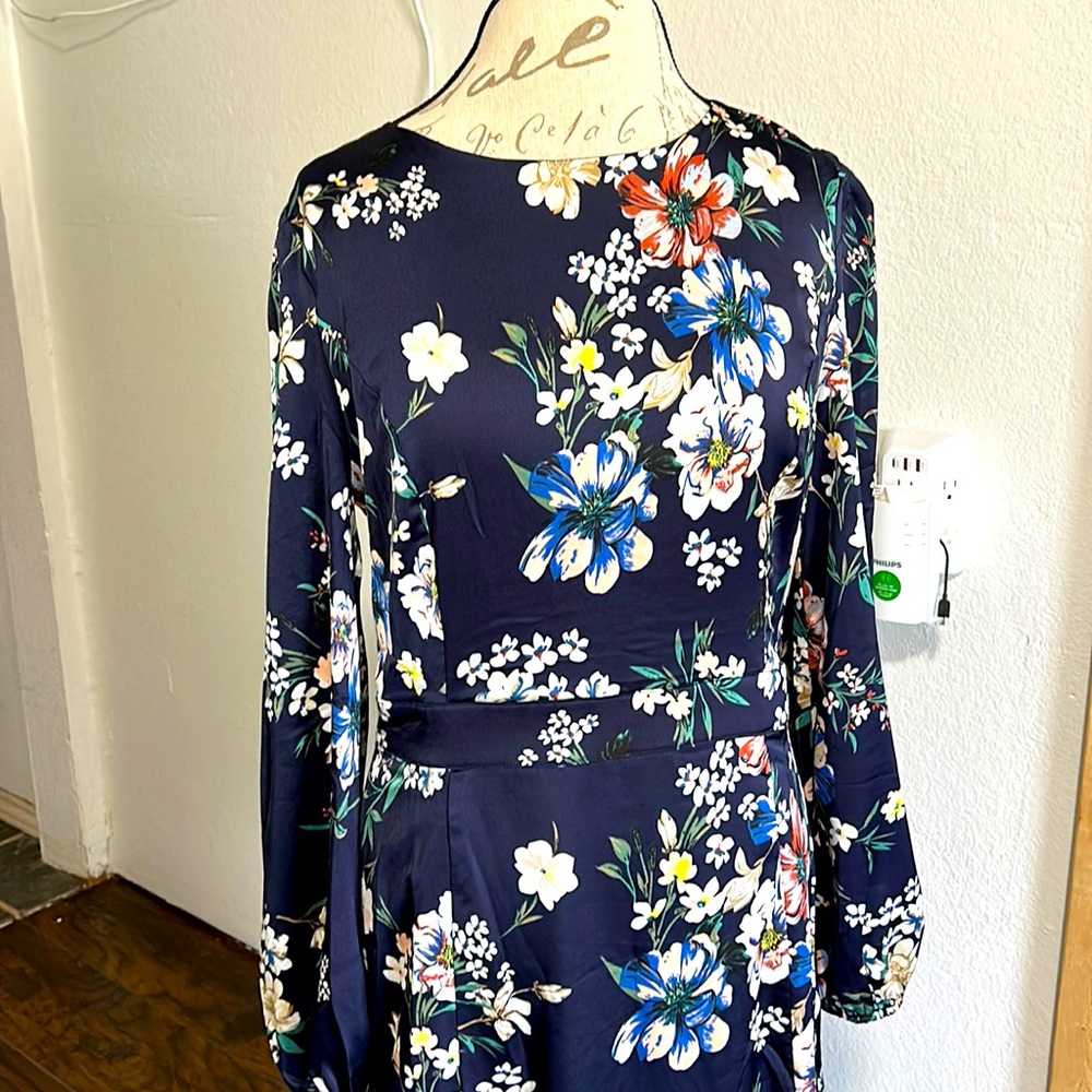 NWT Long Sleeve Long Dress Blue Satin Dress Size XL